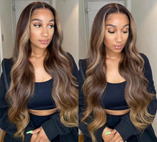Load image into Gallery viewer, Luxury Dark Brown Balayage Highlight 100% Human Hair Swiss 13x4 Lace Front Glueless Wig  Blonde U-Part, 360 or Full Lace Upgrade Available
