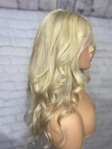Luxury Light Ash Blonde Balayage 100% Human Hair Swiss 13x4 Lace Front Glueless Wig Wavy U-Part, 360 or Full Lace Upgrade Available