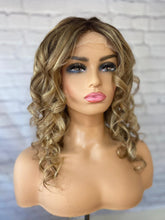 Load image into Gallery viewer, Luxury Caramel Blonde Curly Balayage 100% Human Hair Swiss 13x4 Lace Front Glueless Wig Wavy U-Part, 360 or Full Lace Upgrade Available

