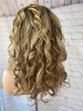 Load image into Gallery viewer, Luxury Caramel Blonde Curly Balayage 100% Human Hair Swiss 13x4 Lace Front Glueless Wig Wavy U-Part, 360 or Full Lace Upgrade Available
