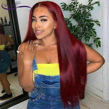 Load image into Gallery viewer, Luxury Straight Burgundy Red 99J 100% Human Hair Swiss 13x4 Lace Front Glueless Wig Colouful U-Part or Full Lace Upgrade Available
