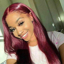Load image into Gallery viewer, Luxury Straight Burgundy Red 99J 100% Human Hair Swiss 13x4 Lace Front Glueless Wig Colouful U-Part or Full Lace Upgrade Available
