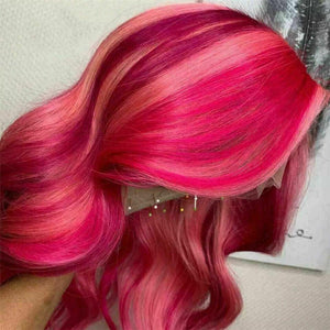 Luxury Remy Pink Fuchsia Balayage Highlight 100% Human Hair Swiss 13x4 Lace Front Glueless Wig Ombre Wavy Colouful Full Lace Upgrade Available