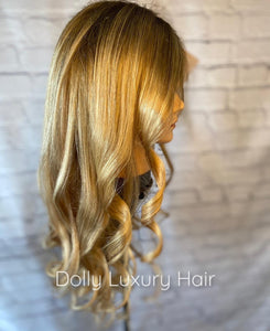 Luxury Balayage Highlight Light Golden Blonde Honey 100% Human Hair Swiss 13x4 Lace Front Glueless Wig U-Part, 360 or Full Lace Upgrade Available