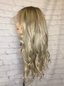 Luxury Balayage Highlight Ash Blonde 100% Human Hair Swiss 13x4 Lace Front Glueless Wig Wavy U-Part, 360 or Full Lace Upgrade Available