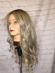 Luxury Balayage Highlight Ash Blonde 100% Human Hair Swiss 13x4 Lace Front Glueless Wig Wavy U-Part, 360 or Full Lace Upgrade Available