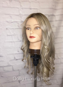 Luxury Balayage Highlight Ash Blonde 100% Human Hair Swiss 13x4 Lace Front Glueless Wig Wavy U-Part, 360 or Full Lace Upgrade Available