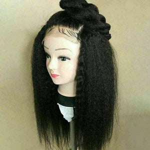 Luxury Remy Kinky Straight #1B Black 100% Human Hair Swiss 13x4 Lace Front Glueless Wig U-Part, 360 or Full Lace Upgrade Available