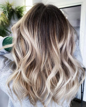 Load image into Gallery viewer, Luxury Ash Blonde Dark Brown Roots Balayage 100% Human Hair Swiss 13x4 Lace Front Glueless Wig Wavy U-Part, 360 or Full Lace Upgrade Available
