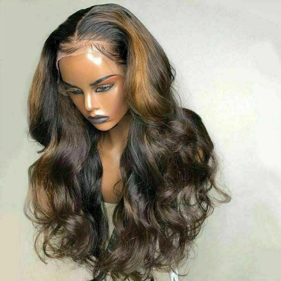 Luxury Wavy Ombre Ash Dark Brown 100% Human Hair Swiss 13x4 Lace Front Glueless Wig Balayage Highlight U-Part, 360 or Full Lace Upgrade Available