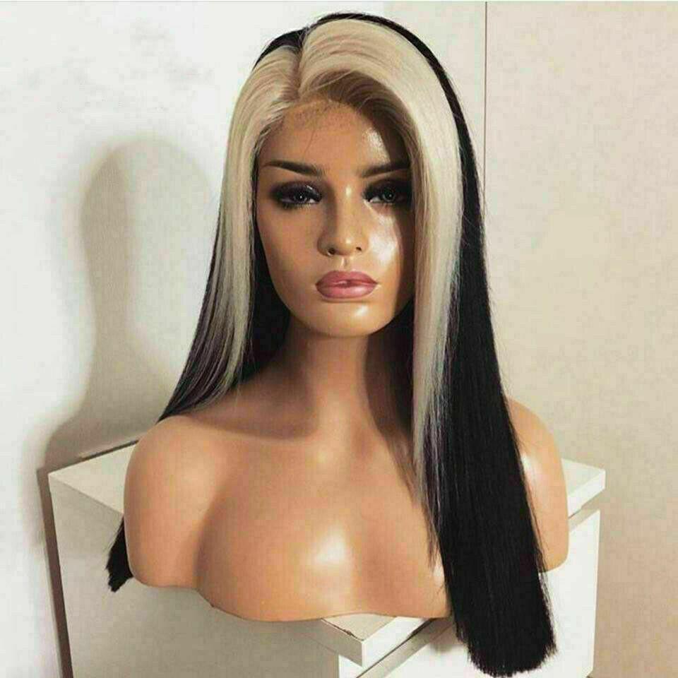 Luxury Platinum Blonde Streak  100% Human Hair Swiss 13x4 Lace Front Glueless Wig U-Part, 360 or Full Lace Upgrade Available