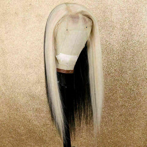 Luxury Platinum Blonde Streak  100% Human Hair Swiss 13x4 Lace Front Glueless Wig U-Part, 360 or Full Lace Upgrade Available