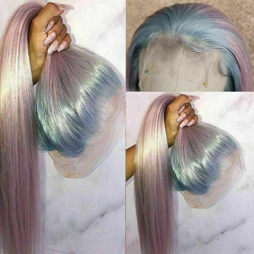 Luxury Remy Ombre Light Blue Baby Pink 100% Human Hair Swiss 13x4