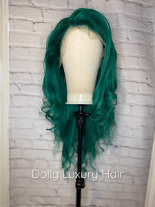 Luxury Brazilian Emerald Green 100% Human Hair Swiss 13x4 Lace Front Glueless Wig Wavy Colourful U-Part, 360 or Full Lace Upgrade Available