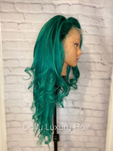 Load image into Gallery viewer, Luxury Brazilian Emerald Green 100% Human Hair Swiss 13x4 Lace Front Glueless Wig Wavy Colourful U-Part, 360 or Full Lace Upgrade Available
