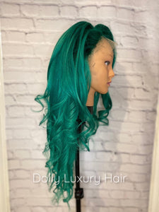 Luxury Brazilian Emerald Green 100% Human Hair Swiss 13x4 Lace Front Glueless Wig Wavy Colourful U-Part, 360 or Full Lace Upgrade Available
