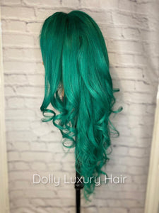 Luxury Brazilian Emerald Green 100% Human Hair Swiss 13x4 Lace Front Glueless Wig Wavy Colourful U-Part, 360 or Full Lace Upgrade Available