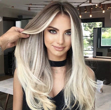 Load image into Gallery viewer, Luxury Balayage Highlight Ash Blonde Platinum Dark Roots 100% Human Hair Swiss 13x4 Lace Front Wig U-Part or Full Lace Upgrade Available
