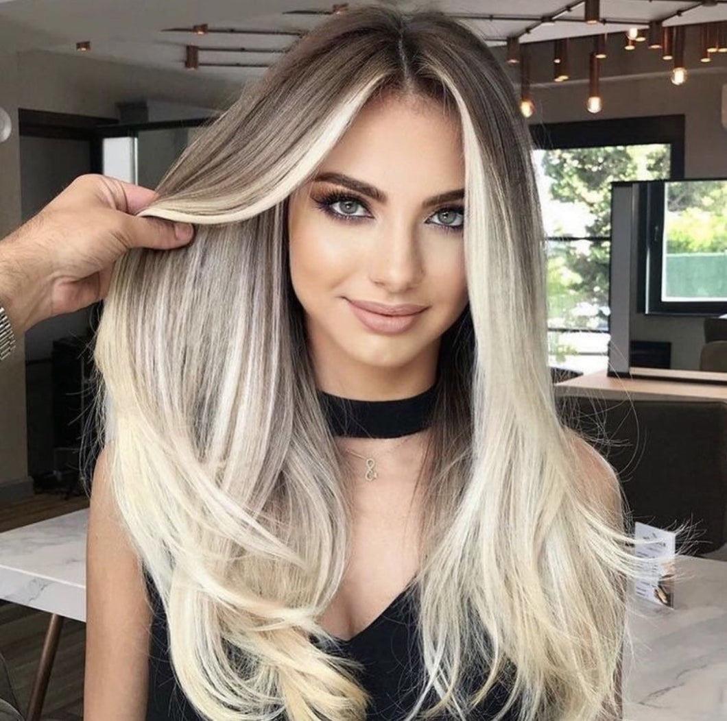Luxury Balayage Highlight Ash Blonde Platinum Dark Roots 100% Human Hair Swiss 13x4 Lace Front Wig U-Part or Full Lace Upgrade Available