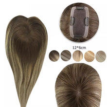 Load image into Gallery viewer, Luxury Human Hair Topper Ombre Balayage  12*6cm Remy Hair Piece With Clips 110% Density Crown Hair Ash Blonde Brown Mono
