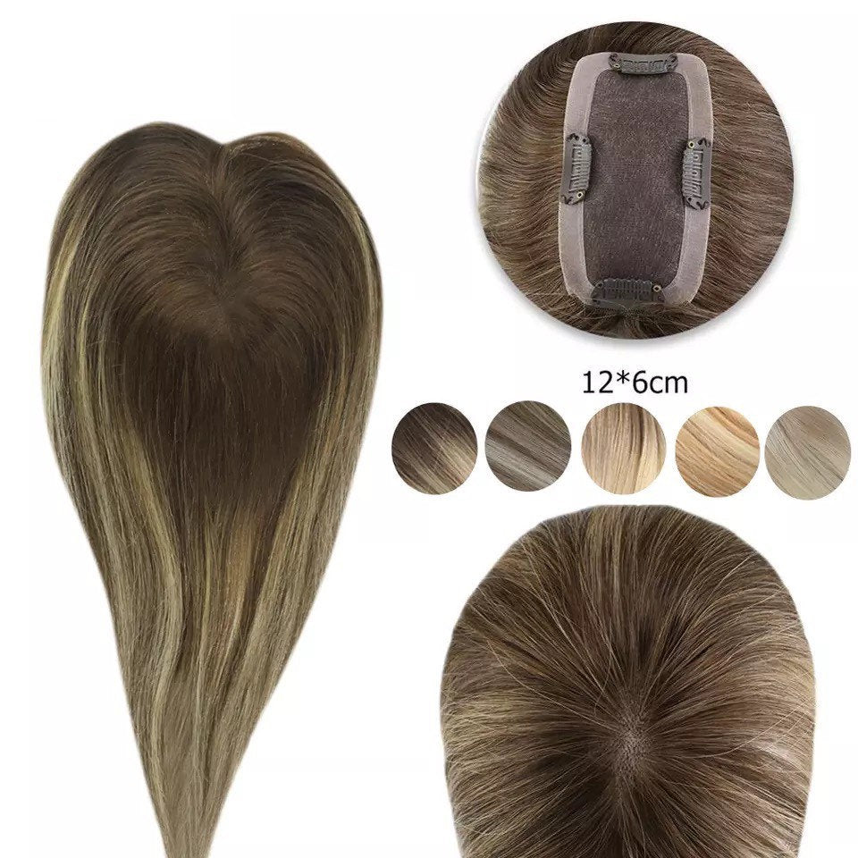 Luxury Human Hair Topper Ombre Balayage  12*6cm Remy Hair Piece With Clips 110% Density Crown Hair Ash Blonde Brown Mono
