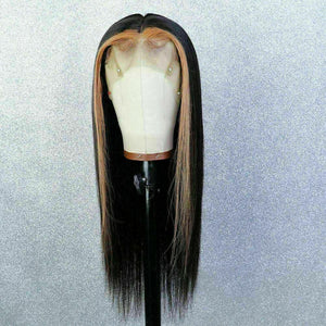 Luxury Remy Black #1B Honey Blonde Streak Straight 100% Human Hair Swiss 13x4 Lace Front Glueless Wig U-Part, 360 or Full Lace Upgrade Available