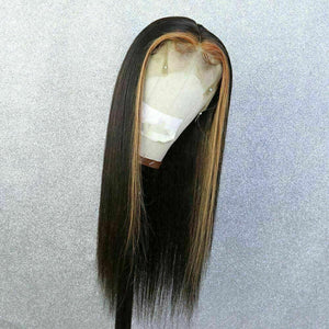 Luxury Remy Black #1B Honey Blonde Streak Straight 100% Human Hair Swiss 13x4 Lace Front Glueless Wig U-Part, 360 or Full Lace Upgrade Available