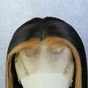 Luxury Remy Black #1B Honey Blonde Streak Straight 100% Human Hair Swiss 13x4 Lace Front Glueless Wig U-Part, 360 or Full Lace Upgrade Available