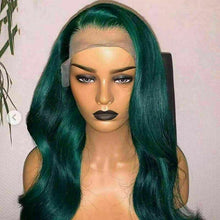 Load image into Gallery viewer, Luxury Brazilian Mermaid Dark Emerald Green 100% Human Hair Swiss 13x4 Lace Front Wig Wavy Colourful U-Part or Full Lace Upgrade Available
