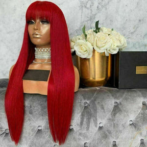 Luxury Remy Hot Red Fringe Bangs 100% Human Hair Swiss 13x4 Lace Front Glueless Wig Colouful U-Part, 360 or Full Lace Upgrade Available