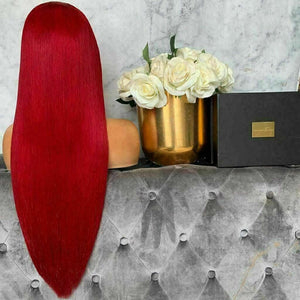 Luxury Remy Hot Red Fringe Bangs 100% Human Hair Swiss 13x4 Lace Front Glueless Wig Colouful U-Part, 360 or Full Lace Upgrade Available