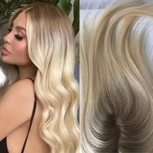 Load image into Gallery viewer, Luxury Hair Topper Real Human Hair Piece for Women Natural Straight Ombre Brown Fading to #613 Blonde Mono Toupee with Clips 130%
