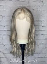 Load image into Gallery viewer, Luxury Ice Blonde Platinum White 100% Human Hair Swiss 13x4 Lace Front Glueless Wig Wavy U-Part, 360 or Full Lace Upgrade Available
