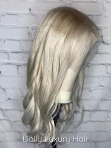Luxury Ice Blonde Platinum White 100% Human Hair Swiss 13x4 Lace Front Glueless Wig Wavy U-Part, 360 or Full Lace Upgrade Available