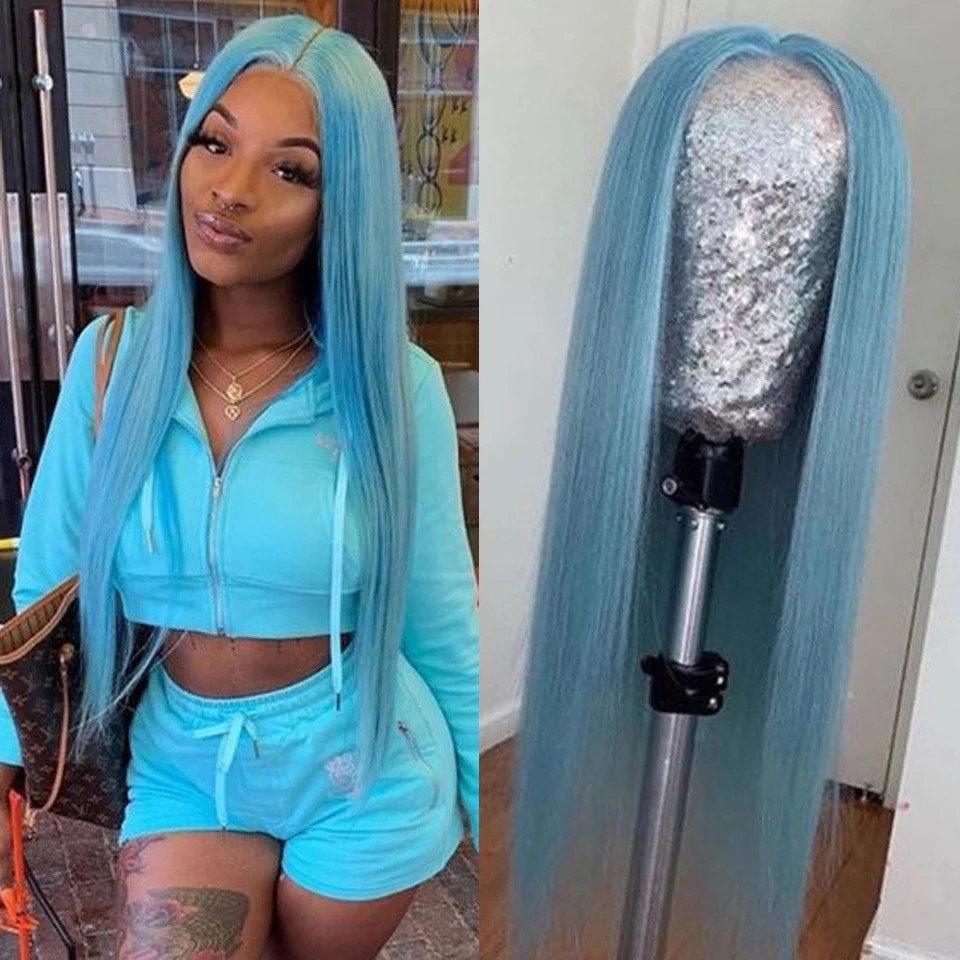 Luxury Straight Light Blue 100% Human Hair Swiss 13x4 Lace Front Glueless Wig Colouful U-Part, 360 or Full Lace Upgrade Available