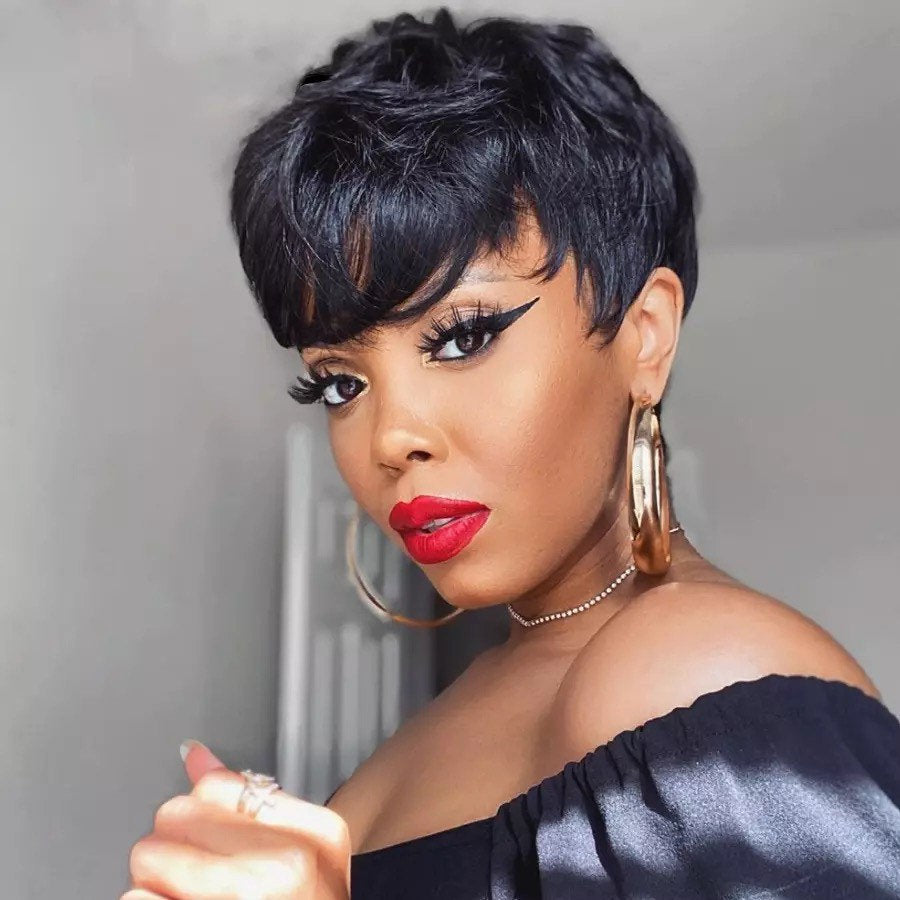 Luxury Pixie Cut Natural Black Full Machine Made #1B 100% Human Hair Human Hair Glueless Wig