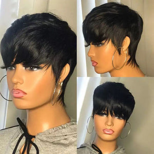 Luxury Pixie Cut Natural Black Full Machine Made #1B 100% Human Hair Human Hair Glueless Wig
