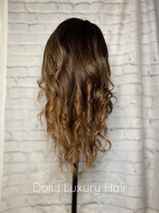 Luxury Caramel Blonde Balayage Highlight 100% Human Hair Swiss 13x4 Lace Front Glueless Wig U-Part, 360 or Full Lace Upgrade Available