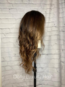 Luxury Caramel Blonde Balayage Highlight 100% Human Hair Swiss 13x4 Lace Front Glueless Wig U-Part, 360 or Full Lace Upgrade Available