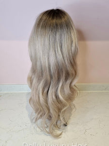 Luxury Balayage Highlight Ash Blonde 100% Human Hair Swiss 13x4 Lace Front Glueless Wig Wavy  U-Part, 360 or Full Lace Upgrade Available