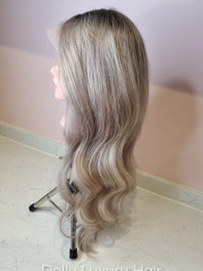 Luxury Balayage Highlight Ash Blonde 100% Human Hair Swiss 13x4 Lace Front Glueless Wig Wavy  U-Part, 360 or Full Lace Upgrade Available