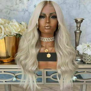 Luxury Wavy Platinum Blonde Ash Root Ombre 100% Human Hair Swiss 13x4 Lace Front Glueless Wig U-Part, 360 or Full Lace Upgrade Available