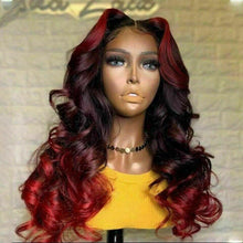 Load image into Gallery viewer, Luxury Ombre Dark Red Burgundy 100% Human Hair Swiss 13x4 Lace Front Glueless Wig Body Wave Colouful U-Part or Full Lace Upgrade Available
