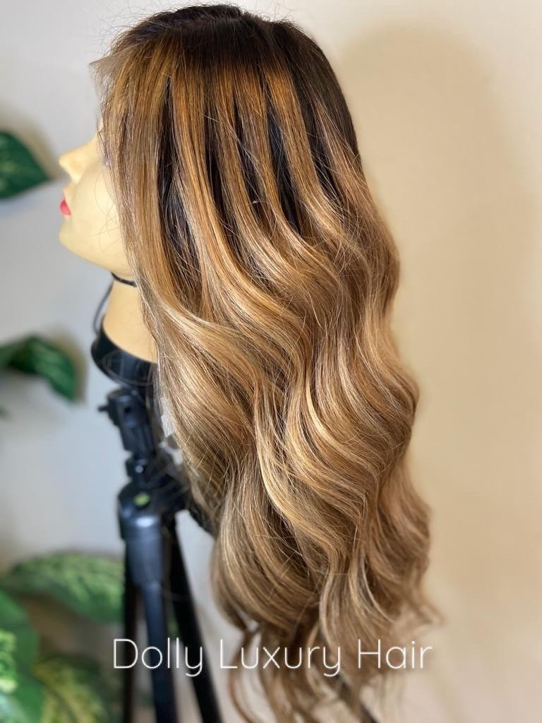 BAILEY | Luxe Caramel Platinum Ash Blonde Balayage Human Hair Swiss 13x4 Lace Front Wig Bleached Knots Transparent Lace Brown Full Lace Available
