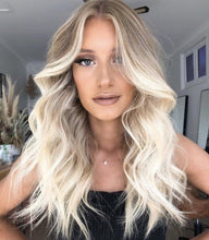 Load image into Gallery viewer, Luxury Sandy Blonde Balayage Platinum Blonde Dark Roots Teasylights 100% Human Hair Swiss 13x4 Lace Front Wig Wavy Full Lace Upgrade Available
