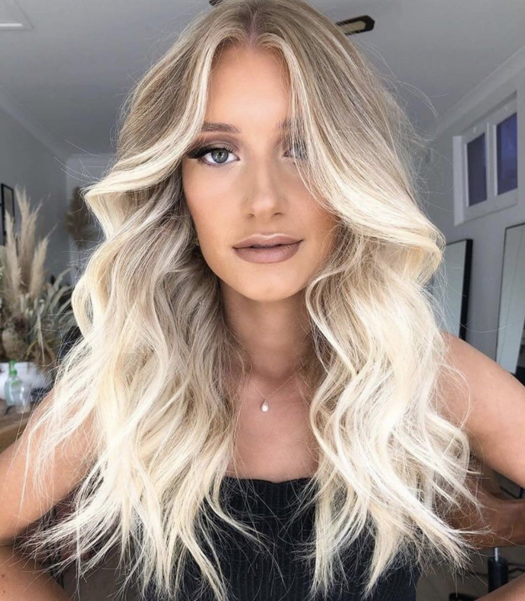 Luxury Sandy Blonde Balayage Platinum Blonde Dark Roots Teasylights 100% Human Hair Swiss 13x4 Lace Front Wig Wavy Full Lace Upgrade Available