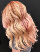 Load image into Gallery viewer, Luxury Rose Gold  on Blonde Hair Balayage 100% Human Hair Swiss 13x4 Lace Front Glueless Wig Wavy U-Part or Full Lace Upgrade Available
