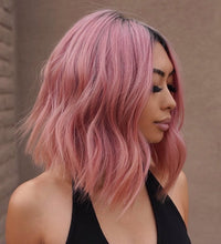 Load image into Gallery viewer, Luxury Balayage Pastel Rose Gold Pink Dark Roots 100% Human Hair Swiss 13x4 Lace Front Wig Wavy U-Part, 360 or Full Lace Upgrade Available
