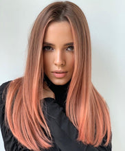 Load image into Gallery viewer, Luxury Balayage Rose Gold Strawberry Blonde Peachy Pink 100% Human Hair Swiss 13x4 Lace Front Wig Wavy U-Part or Full Lace Upgrade Available
