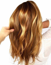Load image into Gallery viewer, Luxury Golden and Caramel Blonde Balayage  100% Human Hair Swiss 13x4 Lace Front Glueless Wig Wavy U-Part or Full Lace Upgrade Available
